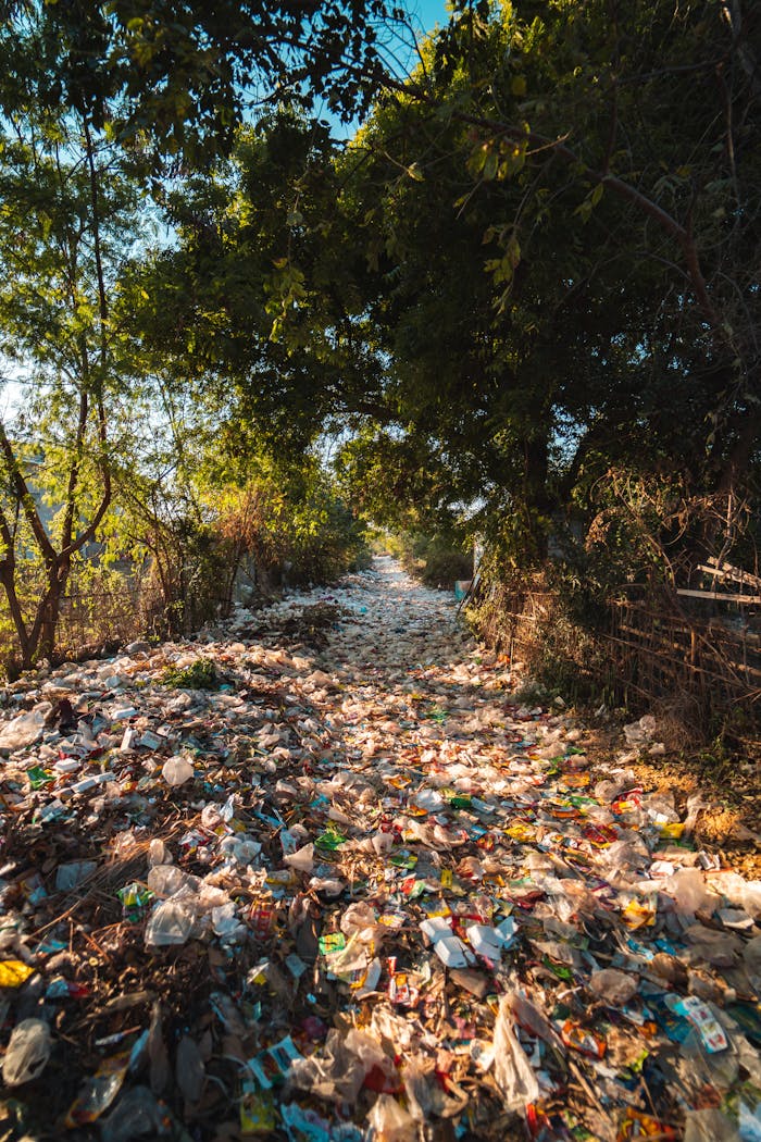 A forest pathway in Myanmar covered with plastic pollution and litter amidst trees.